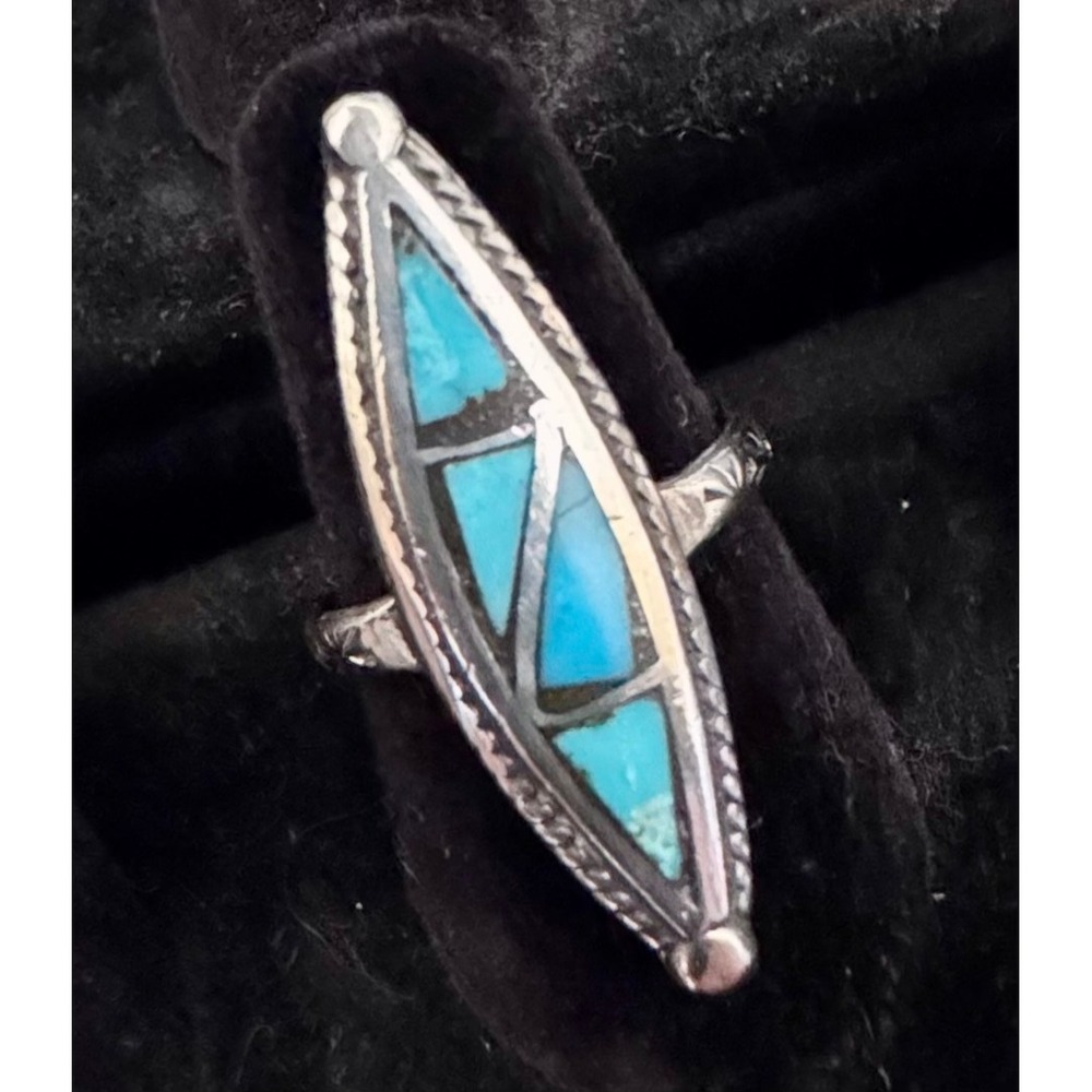 Vintage LE Ring Southwest Turquoise Inlay Silver Navette Stamped Sz 7.5 Zuni